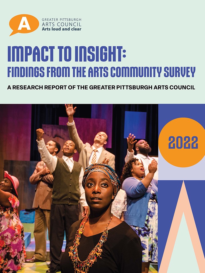 The cover of "Impact to Insight: Findings from the 2022 Arts Community Survey" featuring an image from Prime Stage Theatre.