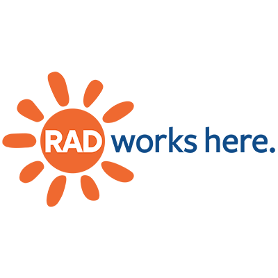 Text: RAD Works Here. RAD is surrounded by an orange sun.