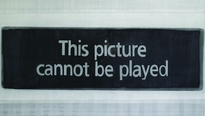 Art canvas with grey text reading "This picture cannot be played" painted on top of a horizontal black box