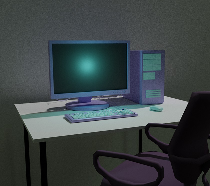 Digital illustration of a computer, monitor, mouse, and keyboard sitting on a white table beside an office chair