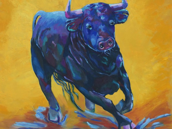 A bull charges through water, abstracted in the color blue against a golden background. Brush strokes to convey the bull are full of motion, quickly stroked across the canvas.