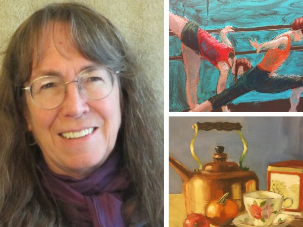 A collage of three images. On the left is a portrait of a woman with long brown and gray hair, with bangs. She's wearing glasses and a maroon scarf tied around her neck. On the right are details from two paintings. On the top are dancers stretching, on the bottom is a still life with a tea kettle, tea cup, and fruit.