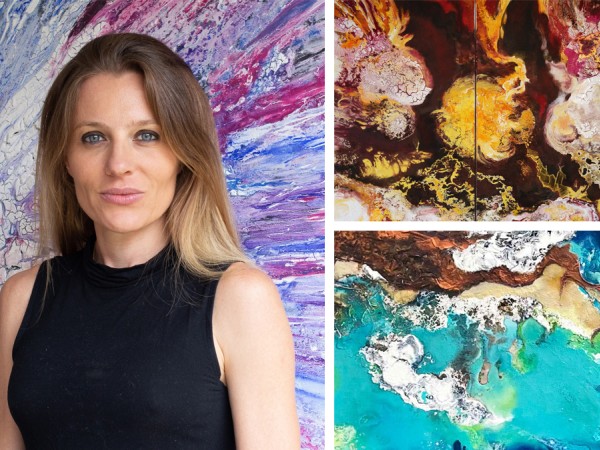 A portrait of a white woman with shoulder-length blonde hair, wearing a black sleeveless shirt. She's pictured in front of a colorful abstract painting. Beside her are two details of similarly brightly colored abstract paintings.