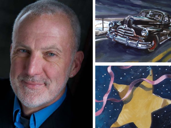 A collage of three images. On the left is a portrait of a smiling white man with gray hair and gray beard, wearing a bright blue collared shirt and a black suit jacket. On the right are two details of paintings, one shows a vintage automobile and the other a yellow star