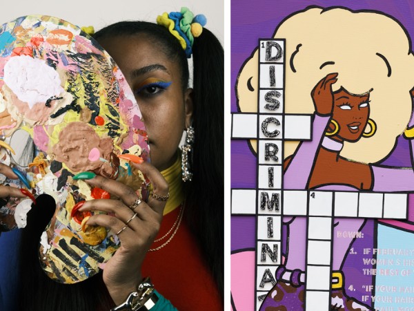 A collage of two images. On the left is a portrait of a Black woman with a long side ponytail. Her face is mostly obscured by a colorful paint palette she's holding up in front of her. On the right is a detail of a colorful pop culture piece showcasing a Black Barbie doll and a crossword puzzle. 