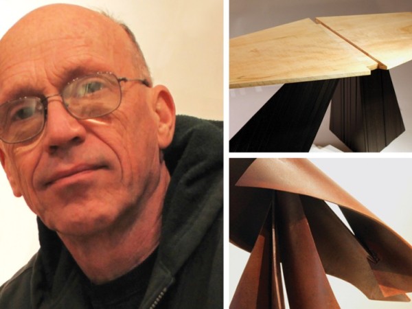 A white man with no hair, glasses, and a black hoodie is pictured next to detailed photographs of two sculptures