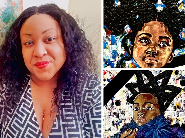 A Black woman poses smiling next to a collage of two details of acrylic paintings featuring Black girls