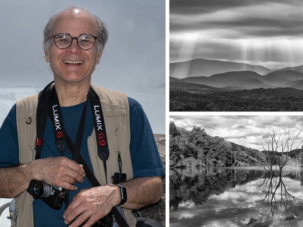 A smiling man with dark glasses, wearing a blue T-shirt and a tan vest. A camera hanging around his neck. Two black-and-white landscape photos are in a collage beside his portrait