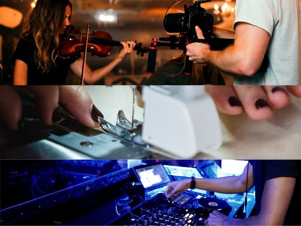 An image of a woman playing violin while being filmed, an image of a person with painted nails sewing, and an image of a DJ turning knobs on a turntable.