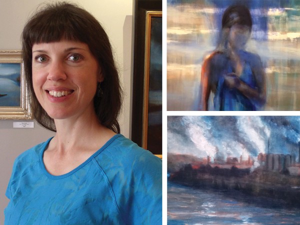 A white woman with shoulder length brown hair and bangs, wearing a blue shirt, is pictured next to details of two paintings