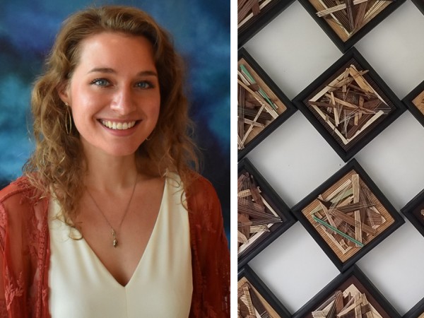 A smiling person with shoulder-length blonde hair wearing a white v-neck shirt and a rust-colored cardigan. They're pictured next to a cropped image of a piece of artwork containing repeated patterns