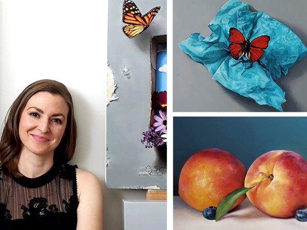 A smiling woman with shoulder-length brown hair, wearing a sleeveless black top, poses next to a collage of still-life paintings of butterflies and peaches