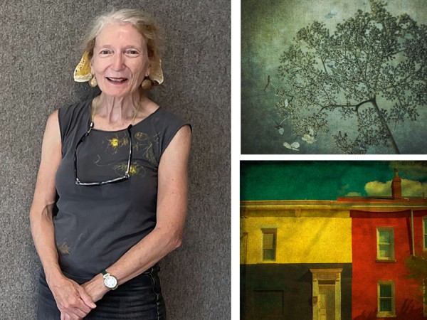 A woman with gray hair pulled back by a scarf, wearing dark pants, and a sleeveless gray top, with dark sunglasses hanging around her neck with a chain. Two paintings are in a collage beside her: one of a tree, the other of red-and-yellow houses
