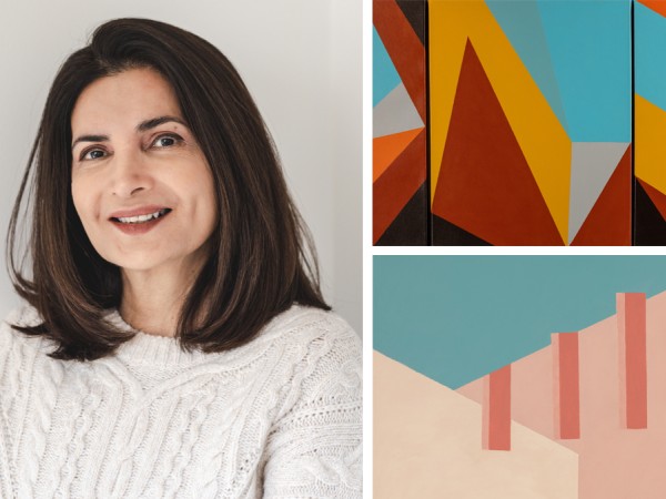 A smiling woman with brown hair next to a collage of details from abstract paintings