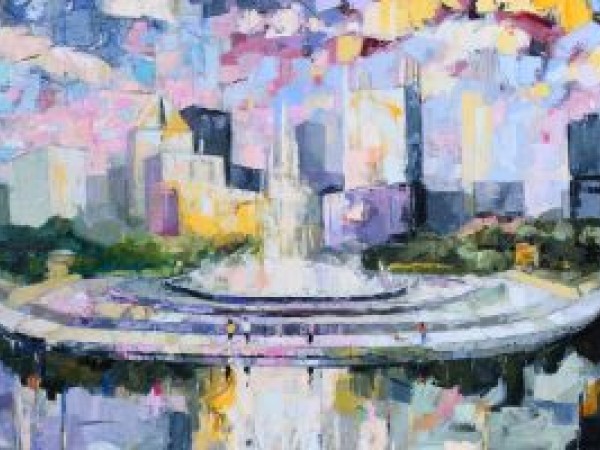 An impressionistic painting of the Point fountain and Pittsburg's skyline as seen from the water.