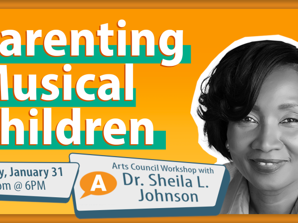 Text: Parenting Musical Children. Additional text describes dates and time, and the name of presenter Dr. Sheila L. Johnson. We see Dr. Johnson, a Black woman with a short bobbed haircut.