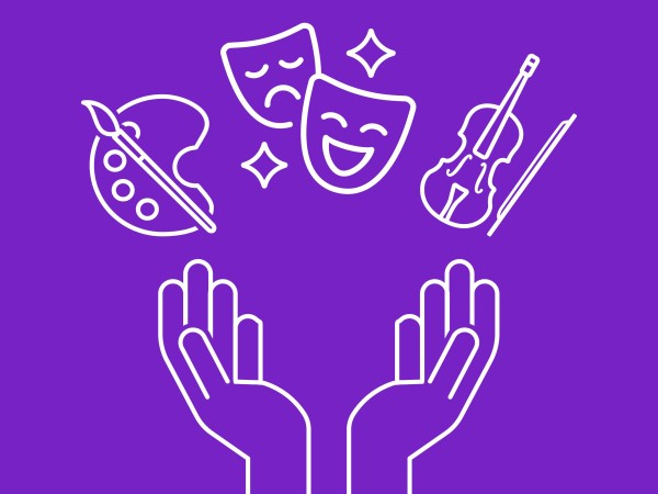 Hands presenting artistic elements, including icons for the arts, theater, and music
