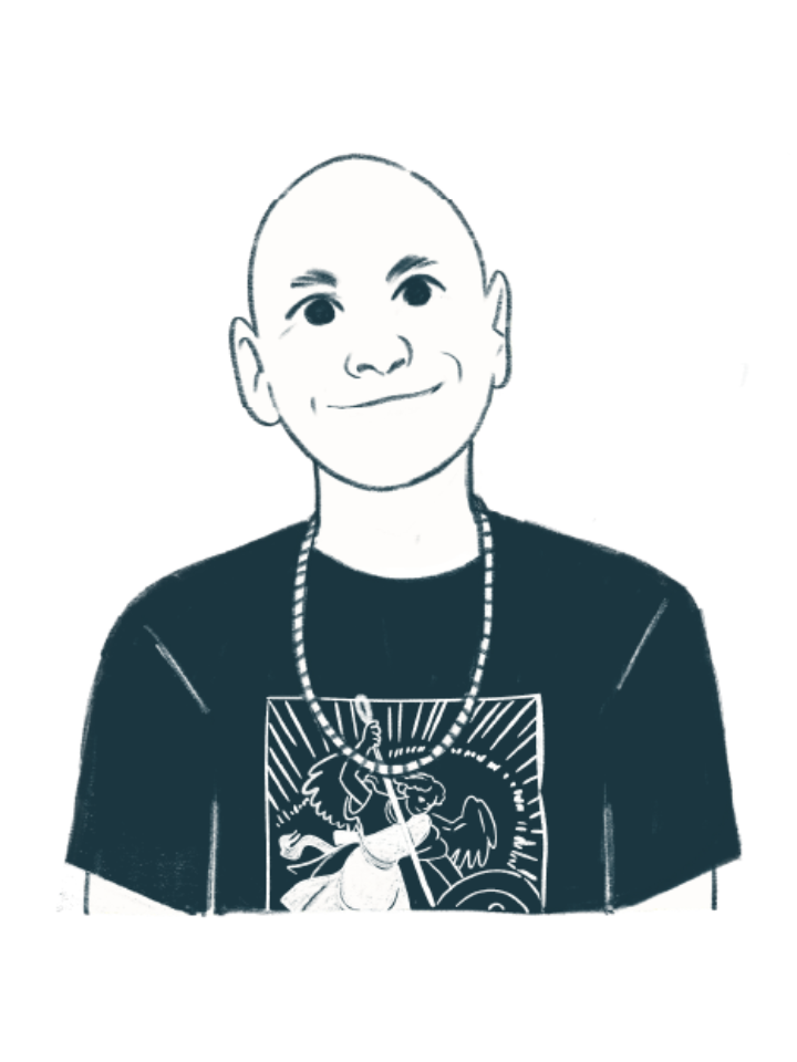 Illustration of a smiling man wearing a black t-shirt with a red graphic, a gold chain, and a wristwatch sits on a wooden bench in front of a wooden wall and leafy green plant.