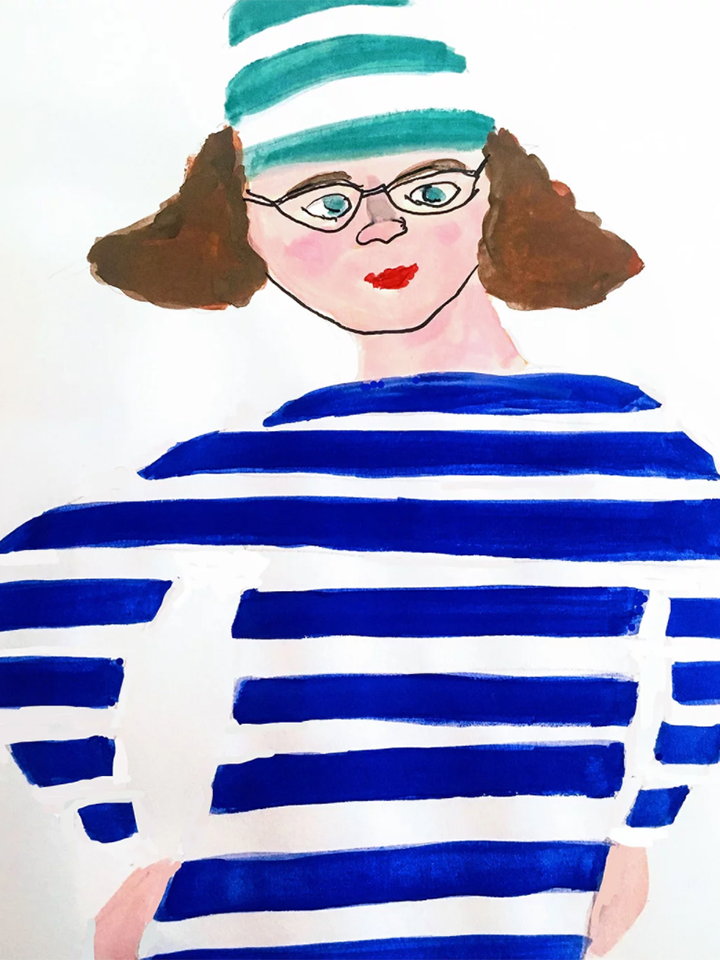A painted self-portrait of Kirsten Ervin, a woman with glasses and curly brown hair, in a blue striped hat and shirt.