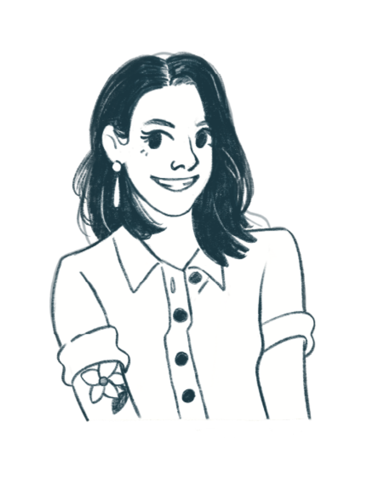 Black and white sketch of a smiling woman with rolled sleeves and a flower tattoo.
