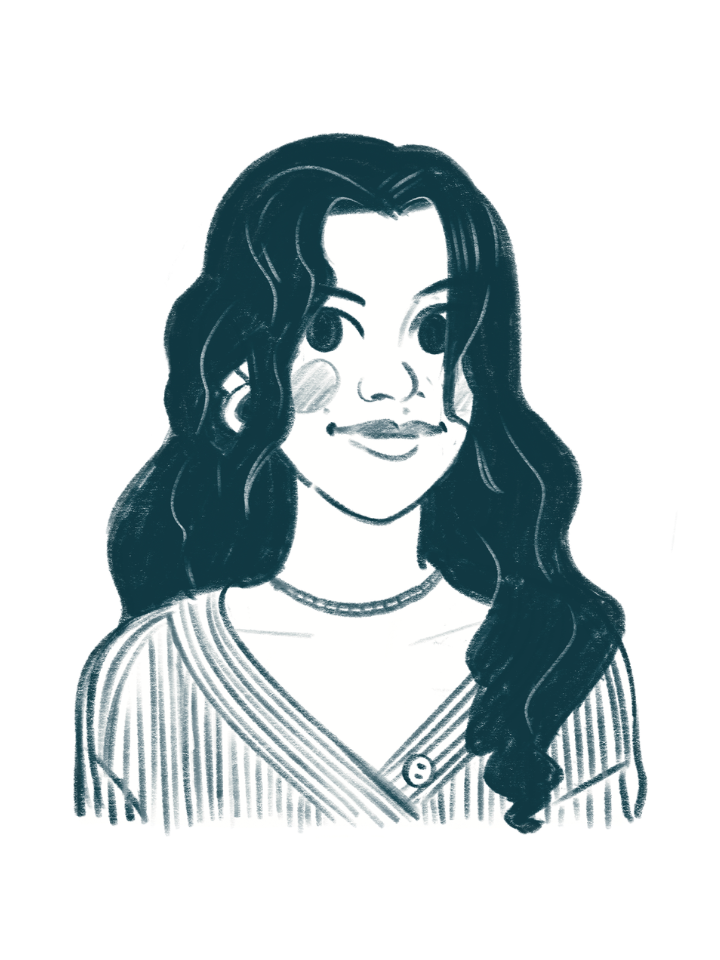 An illustration of a smiling woman with long brown hair wearing a red top looking at the camera.