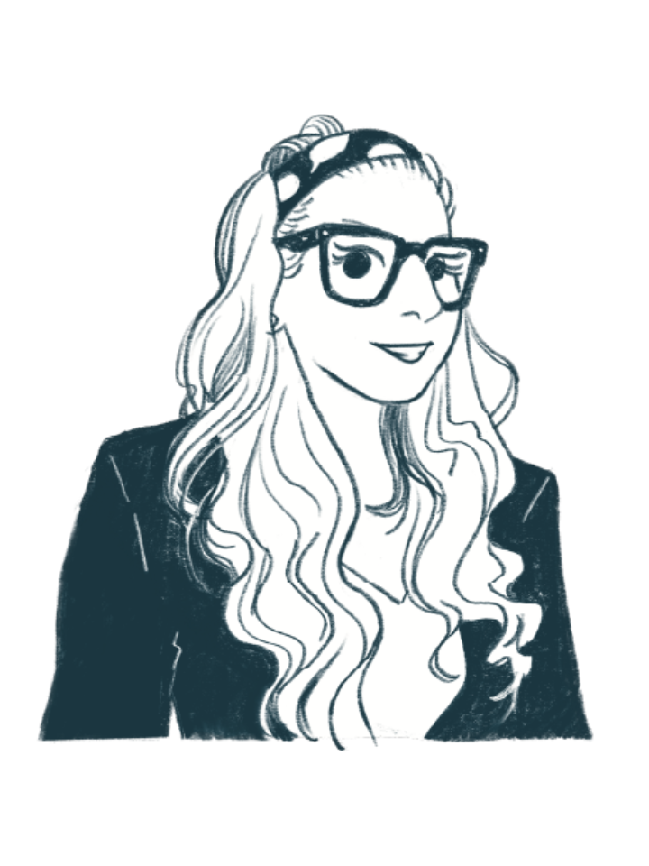 Sketch of a woman with long wavy hair, glasses, and a headband.