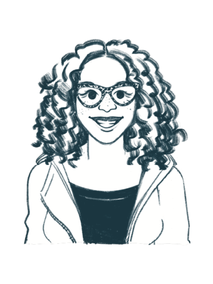 Sketch of a smiling woman with curly hair, glasses, and a zip-up jacket.