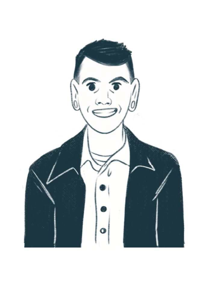 Illustration of white smiling man with short dark hair