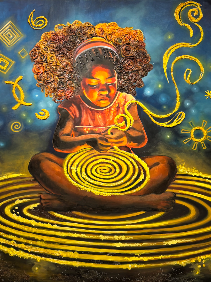 A child with glowing hair draws yellow spirals and symbols in a magical, starry scene.