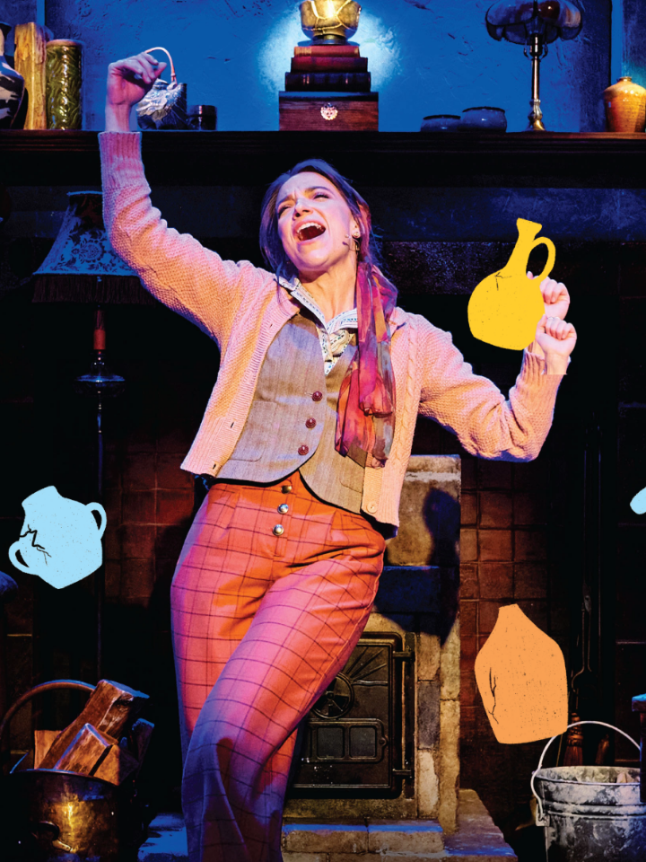 Woman singing on stage, holding illustrated pitchers, with a cozy set and warm blue lighting.