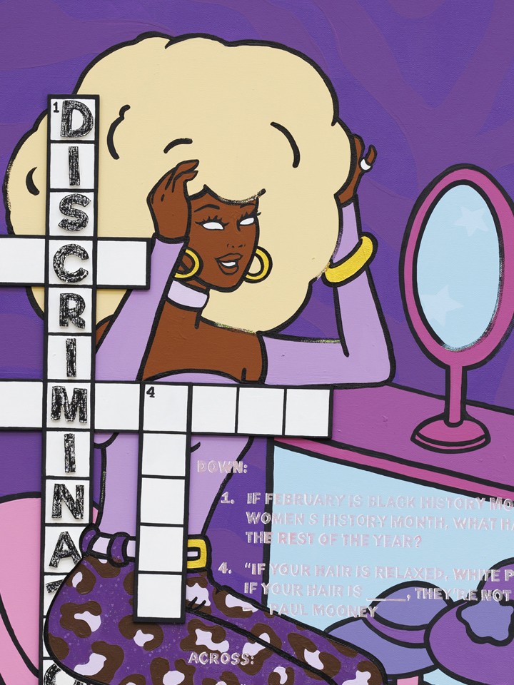 A multimedia artwork of a Black Barbie doll looking in the mirror with a crossword puzzle placed on top of the image, featuring the word "Discrimination"
