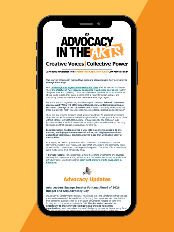 Screenshot of Advocacy in the Arts newsletter on a smart phone