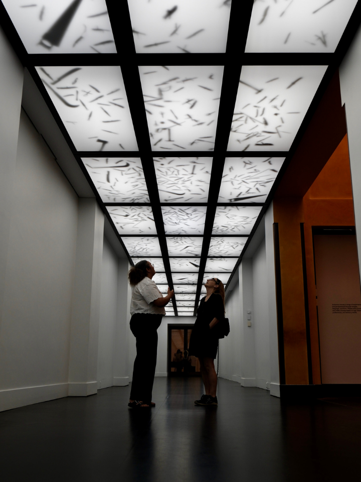 Two people stand under a patterned, backlit ceiling in a modern hallway.