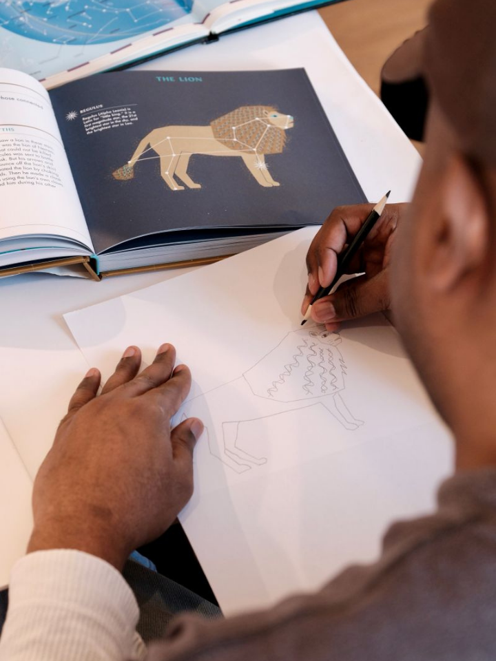 Person sketching a lion on paper while referencing a lion illustration in an open book.