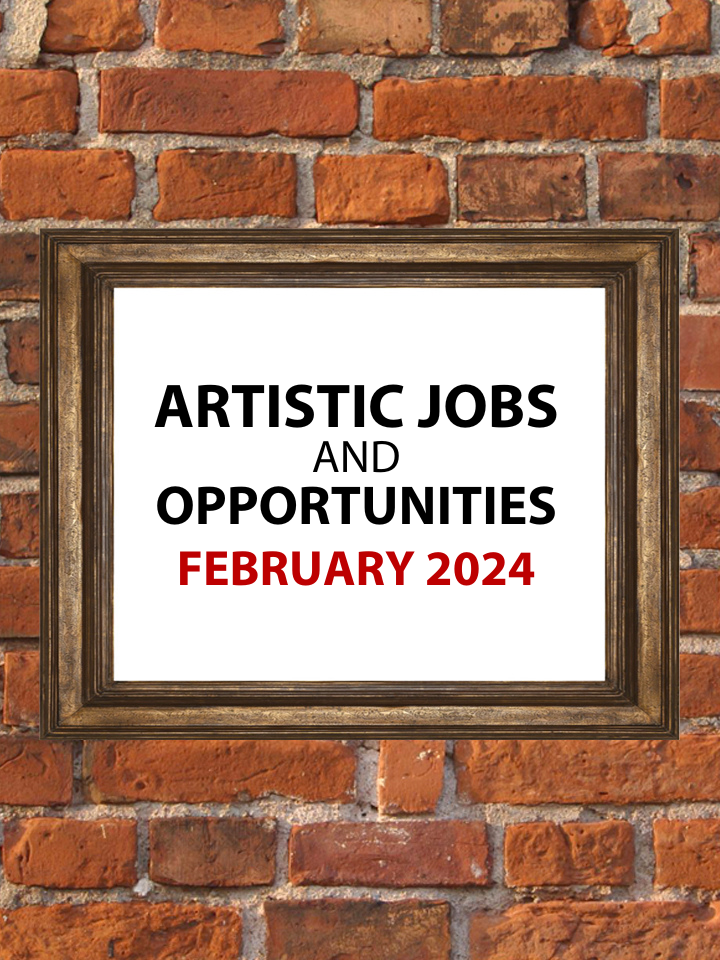 Artistic Jobs and Opportunities February 2024, written on an art frame hanging on a brick wall