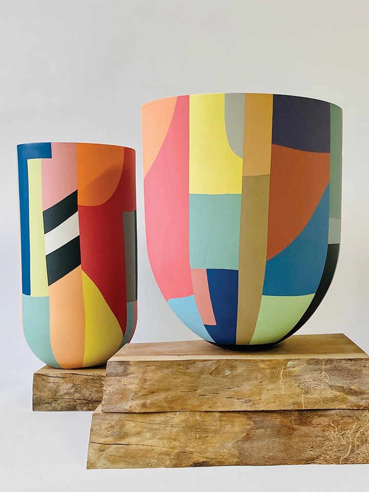 Colorful abstract painted pottery