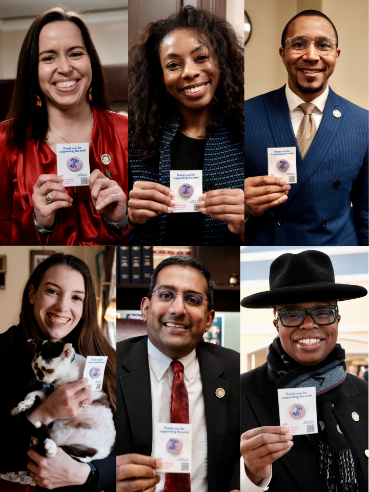 Six people smiling and holding “PGH is Art" buttons. one person holds a cat while smiling.