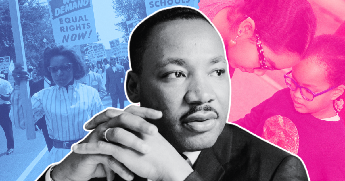 Martin Luther King Jr. portrait with civil rights march and family in the background.