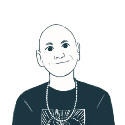 Illustration of a smiling man wearing a black t-shirt with a red graphic, a gold chain, and a wristwatch sits on a wooden bench in front of a wooden wall and leafy green plant.