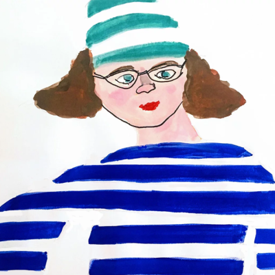 A painted self-portrait of Kirsten Ervin, a woman with glasses and curly brown hair, in a blue striped hat and shirt.