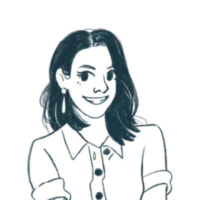 Black and white sketch of a smiling woman with rolled sleeves and a flower tattoo.