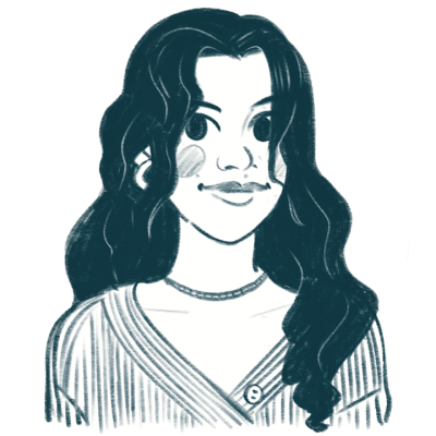 An illustration of a smiling woman with long brown hair wearing a red top looking at the camera.