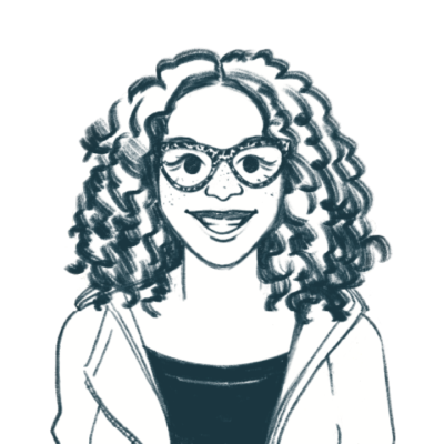 Sketch of a smiling woman with curly hair, glasses, and a zip-up jacket.