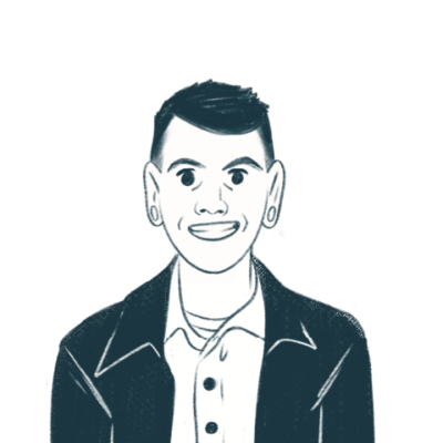 Illustration of white smiling man with short dark hair