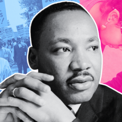 Martin Luther King Jr. portrait with civil rights march and family in the background.