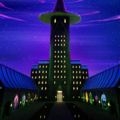 A tall, fantastical castle with glowing windows stands under a vibrant purple night sky swirling with stars and streaks of light, flanked by two wings and reflected in still water below.