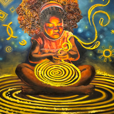 A child with glowing hair draws yellow spirals and symbols in a magical, starry scene.