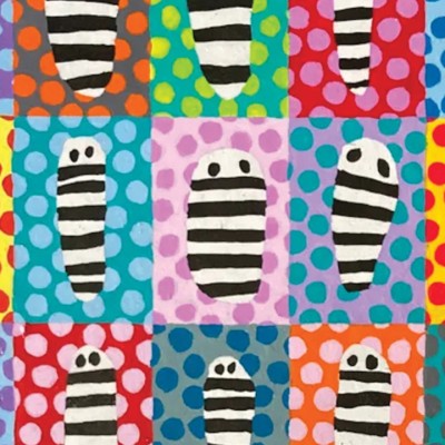 Colorful patterned artwork of a black-and-white striped creature on top of a polka dot background