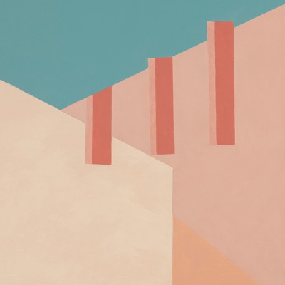 Abstract artwork featuring pale yellow, pink, blue, and reddish orange blocks of colors