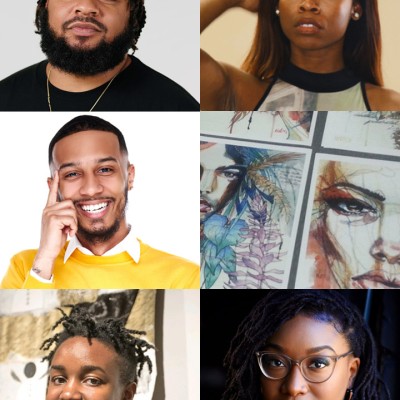 A collage of five Black artists and a visual art piece showing paintings of Black figures
